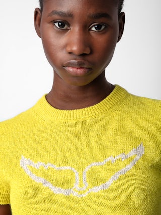 Pull Sorly - Pull en lin et coton jaune à manches courtes et ailes en jacquard intarsia.