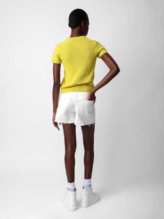 Pull Sorly - Pull en lin et coton jaune à manches courtes et ailes en jacquard intarsia.