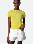 Sorly Wings Sweater - Yellow linen and cotton short-sleeved sweater with wings.