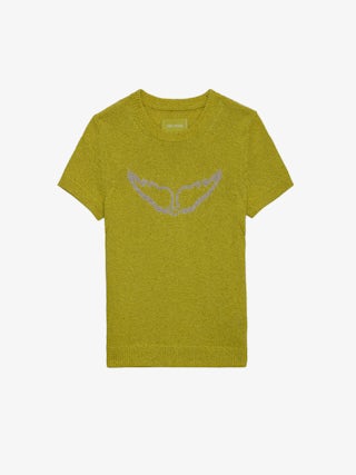 Pull Sorly - Pull en lin et coton jaune à manches courtes et ailes en jacquard intarsia.