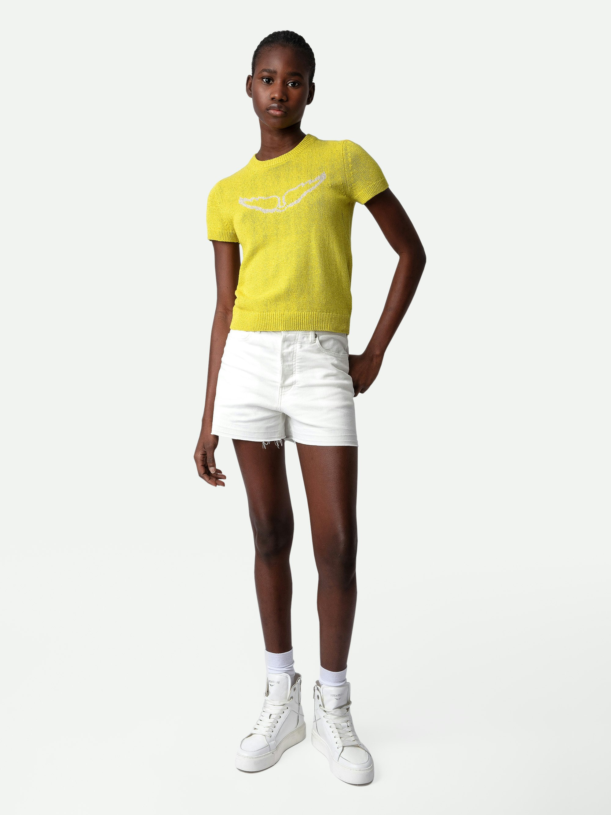 Sorly Wings Jumper - Yellow linen and cotton short-sleeved jumper with intarsia jacquard wings.