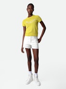 Sorly Wings Sweater - Yellow linen and cotton short-sleeved sweater with wings.