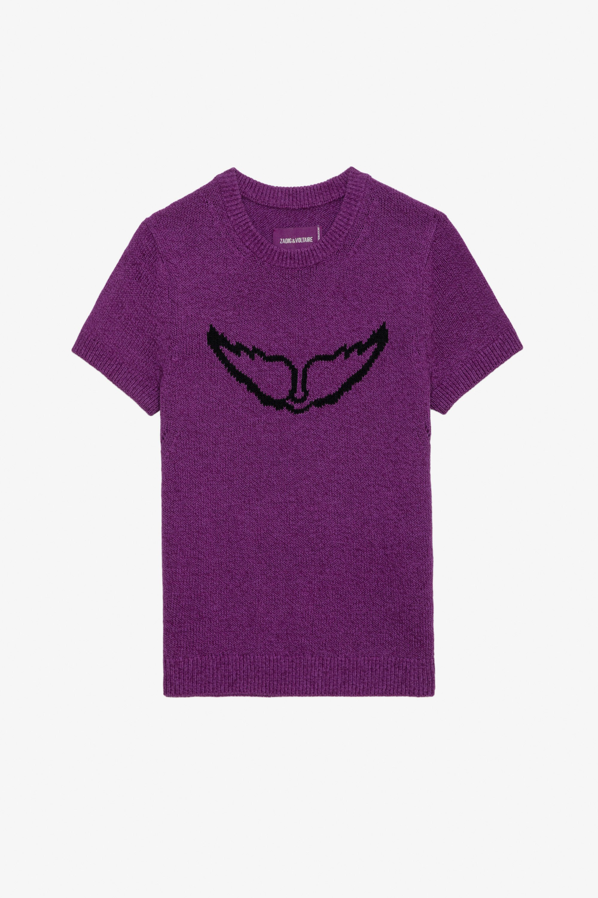 Sorly Wings Jumper - Purple linen and cotton short-sleeved jumper with intarsia jacquard wings.