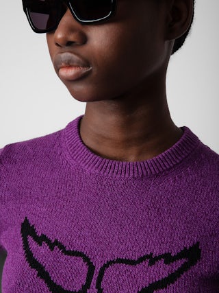 Pull Sorly - Pull en lin et coton violet à manches courtes et ailes en jacquard intarsia.