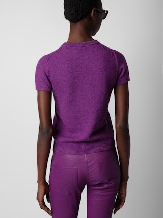 Pull Sorly - Pull en lin et coton violet à manches courtes et ailes en jacquard intarsia.