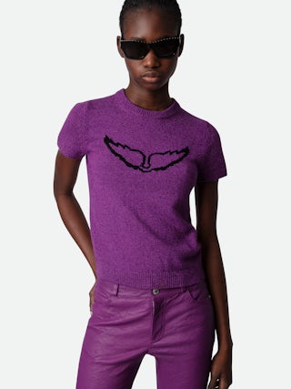 Pull Sorly - Pull en lin et coton violet à manches courtes et ailes en jacquard intarsia.