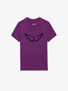 Pullover Sorly Wings - Violetter Pullover aus Leinen und Baumwolle mit kurzen Ärmeln und Flügeln als Jacquard-Intarsie.