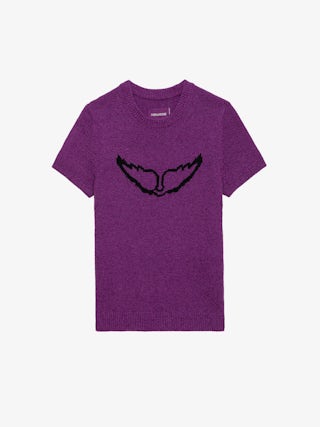 Pull Sorly - Pull en lin et coton violet à manches courtes et ailes en jacquard intarsia.