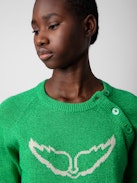 Pull Regliss Wings - Pull court en lin vert boutonné et ailes en jacquard intarsia.