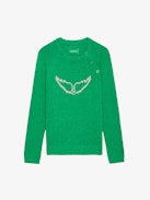 Pull Regliss Wings - Pull court en lin vert boutonné et ailes en jacquard intarsia.