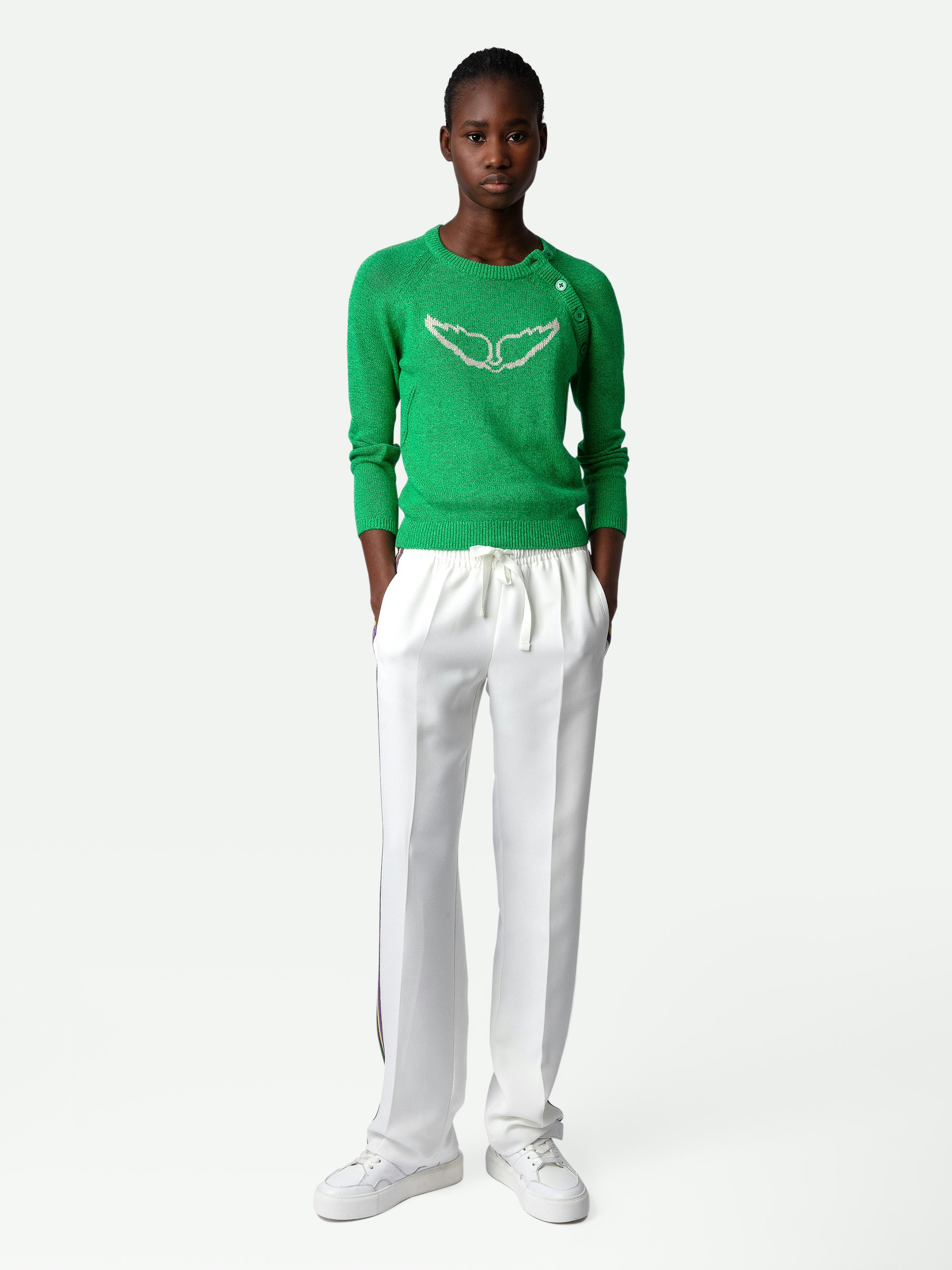 Pullover Regliss Wings - Kurzer, grüner Pullover aus Leinen mit Knöpfen und Flügeln als Jacquard-Intarsie.