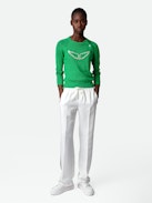Pull Regliss Wings - Pull court en lin vert boutonné et ailes en jacquard intarsia.