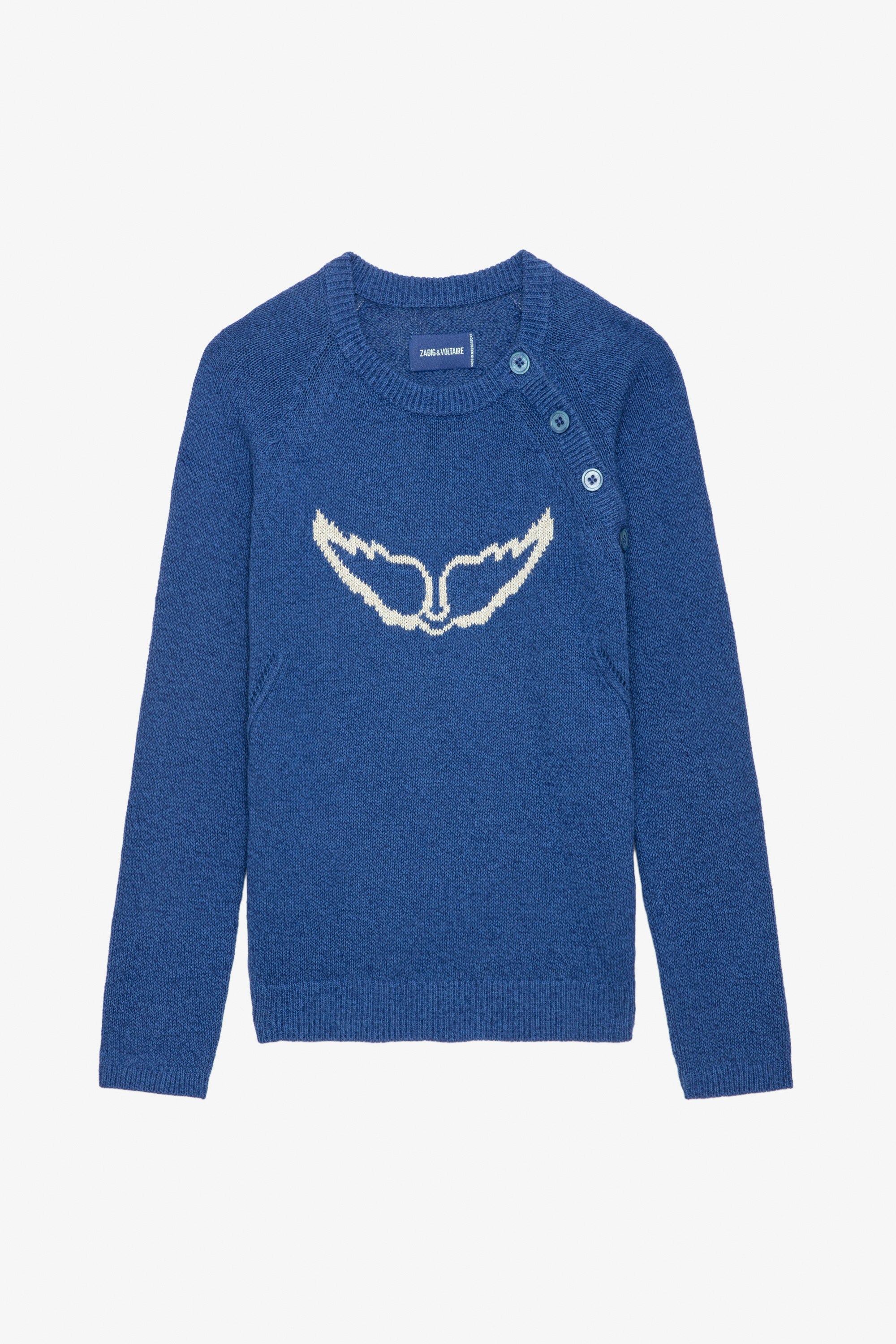 Regliss Wings Jumper - Blue linen cropped jumper with button closure and intarsia jacquard wings.