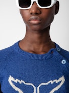 Jersey Regliss Alas - Jersey corto azul de lino con botones y alas en jacquard de intarsia.