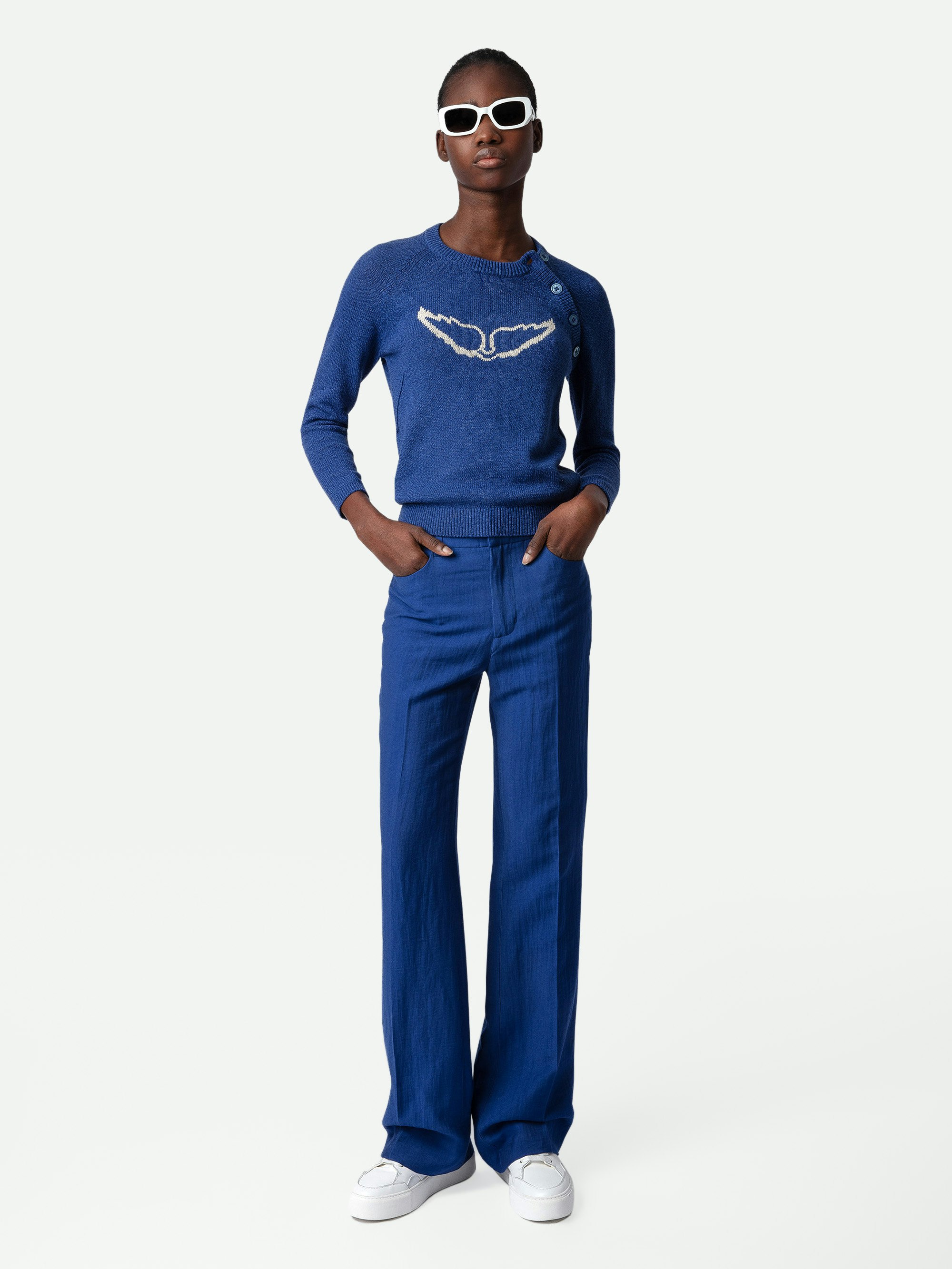 Pullover Regliss Wings - Kurzer, blauer Pullover aus Leinen mit Knöpfen und Flügeln als Jacquard-Intarsie.
