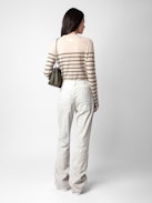 Jumper Source 100% Cashmere - Ecru feather 100% cashmere long-sleeved jumper with stripes and diamanté “Mon Amour” slogan.