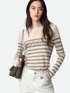 Jumper Source 100% Cashmere - Ecru feather 100% cashmere long-sleeved jumper with stripes and diamanté “Mon Amour” slogan.