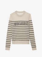 Jumper Source 100% Cashmere - Ecru feather 100% cashmere long-sleeved jumper with stripes and diamanté “Mon Amour” slogan.