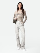 Jumper Source 100% Cashmere - Ecru feather 100% cashmere long-sleeved jumper with stripes and diamanté “Mon Amour” slogan.