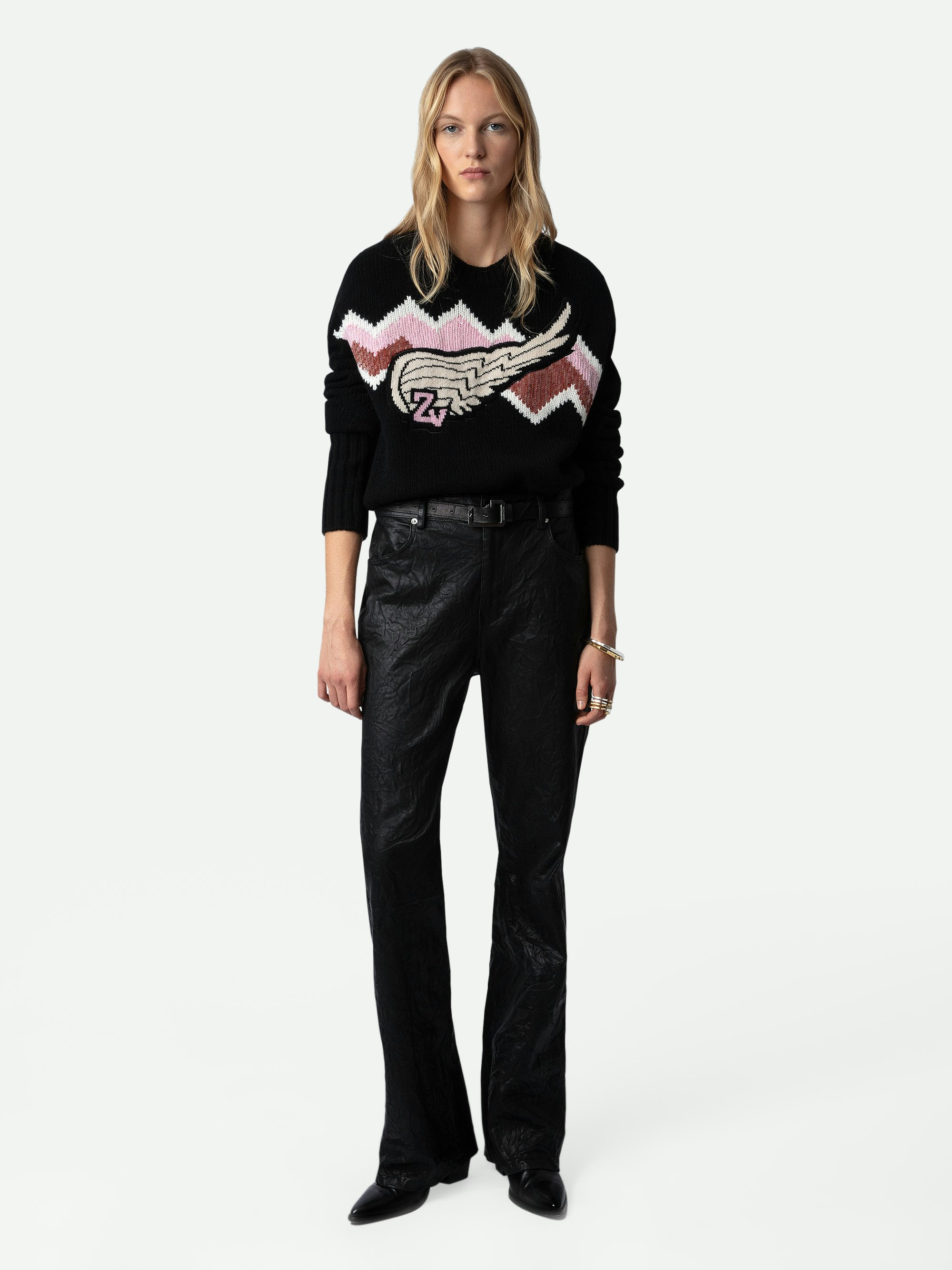 Bleez Sequin Sweater - Women's black cashmere sweater with pink chevron pattern, wing motif, and sequin embroidery