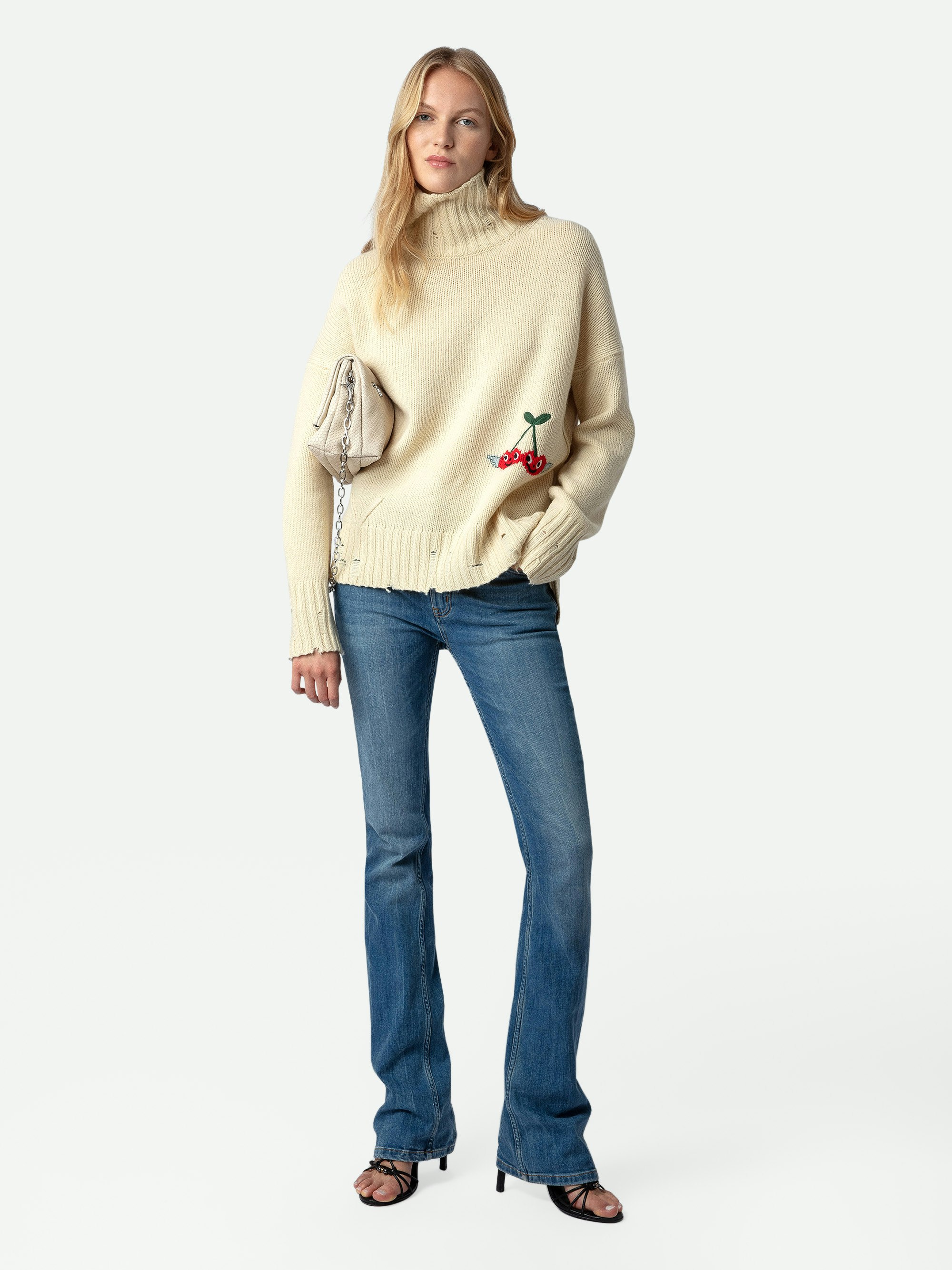 Bleeza Sweater - Ecru distressed-effect merino wool sweater with mock neck and customized detailed designed by Humberto Cruz.