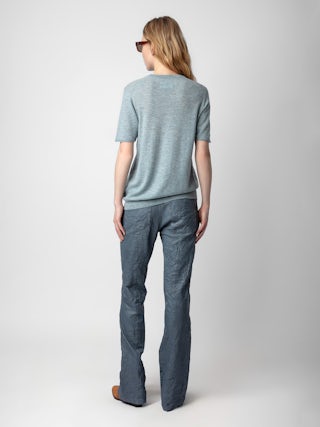 Pull Ida Photoprint 100% Cachemire - Pull en 100% cachemire plume bleu ciel à manches courtes et photoprint Palmier.