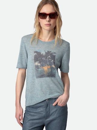 Pull Ida Photoprint 100% Cachemire - Pull en 100% cachemire plume bleu ciel à manches courtes et photoprint Palmier.