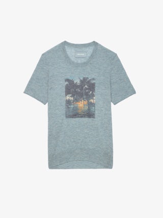 Pull Ida Photoprint 100% Cachemire - Pull en 100% cachemire plume bleu ciel à manches courtes et photoprint Palmier.