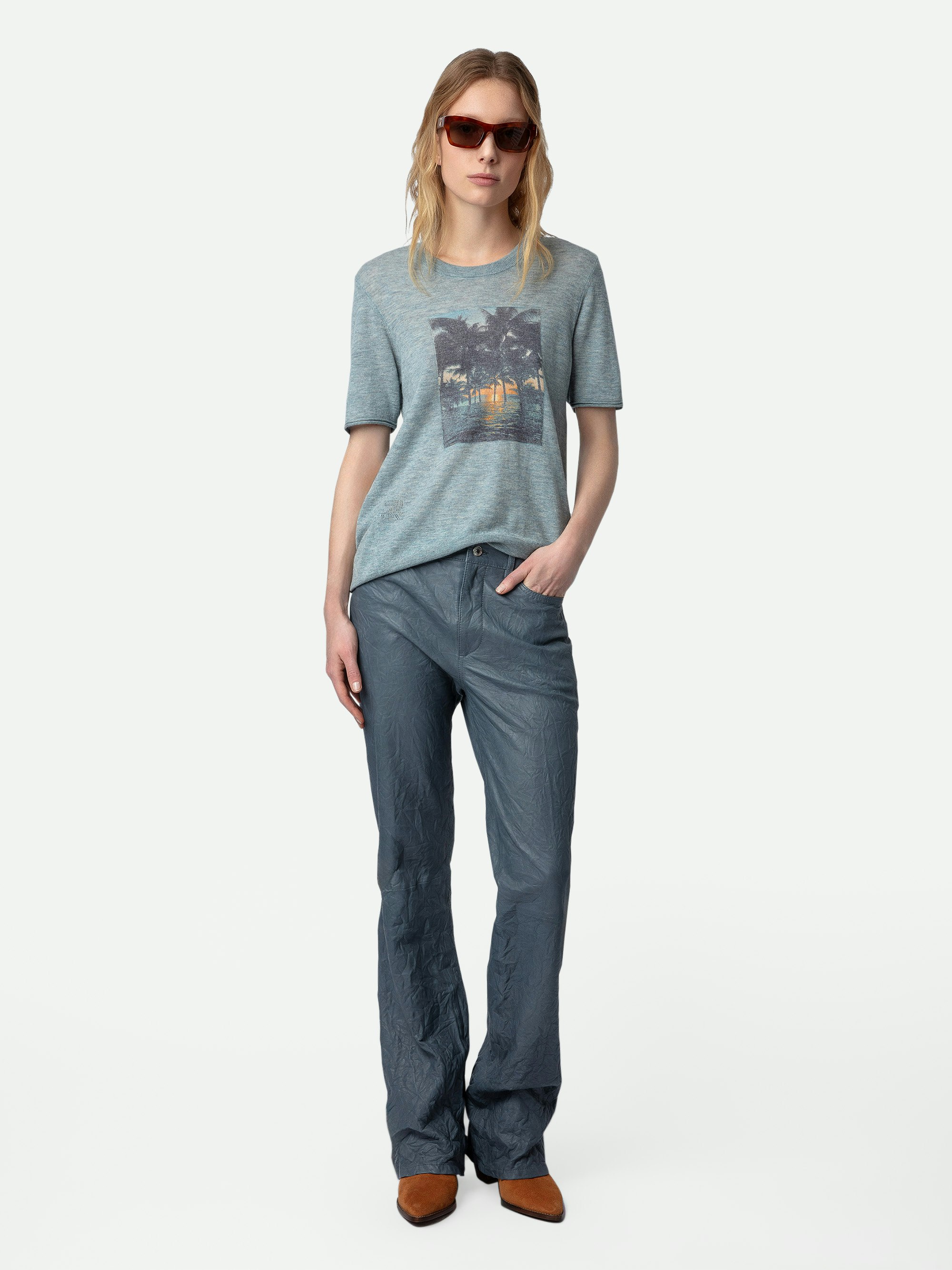 Ida Photoprint Cashmere Sweater - Sky blue feather cashmere sweater with short sleeves and Palmier photoprint.