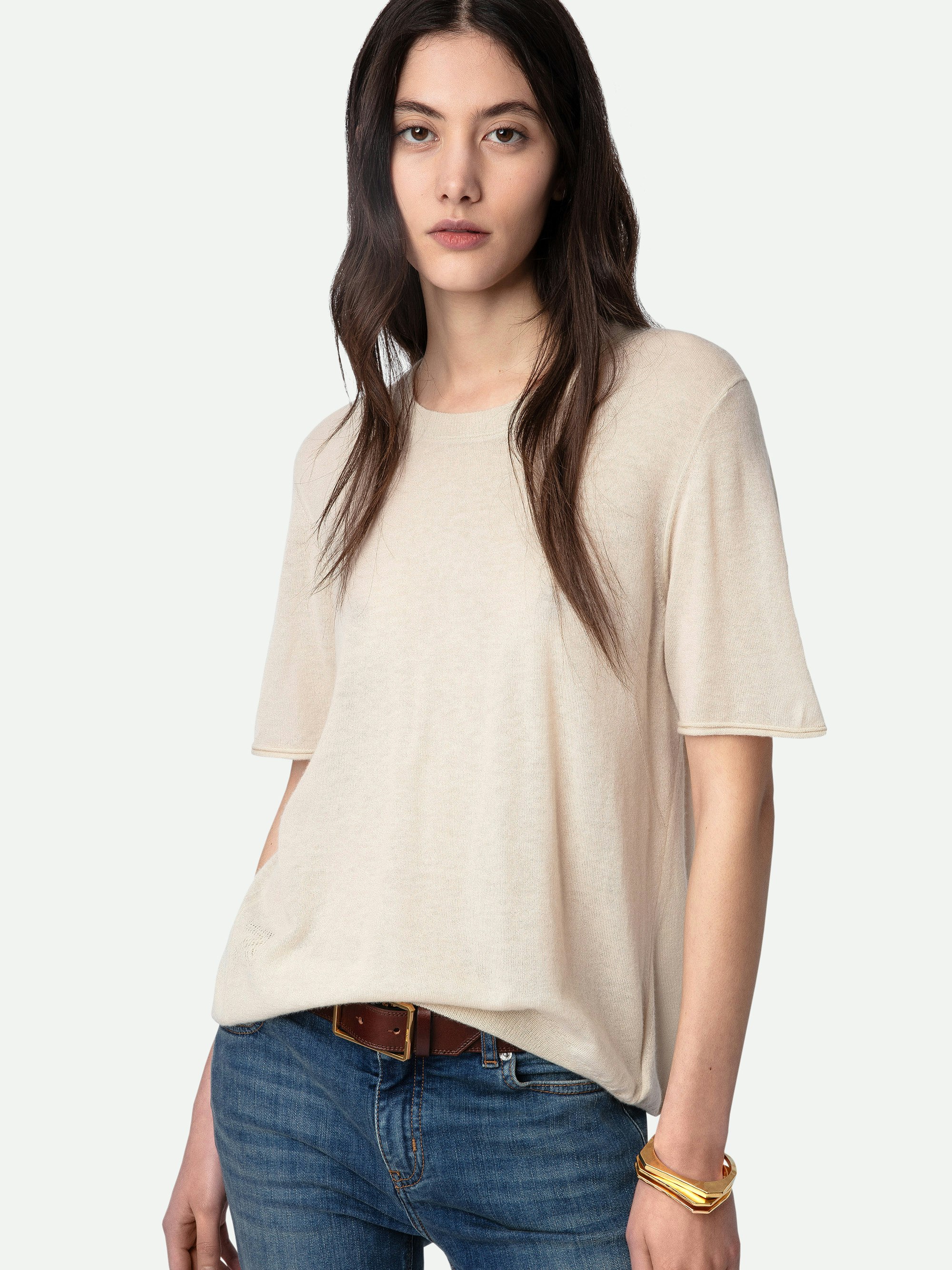 Ida Cashmere Sweater - Beige feather cashmere short-sleeved sweater with openwork wings on the back.