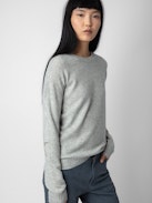 Cici Patch Cashmere Sweater - Women’s grey cashmere sweater with star patch embroidered on elbows.