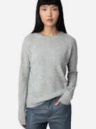 Cici Patch Cashmere Sweater - Women’s grey cashmere sweater with star patch embroidered on elbows.