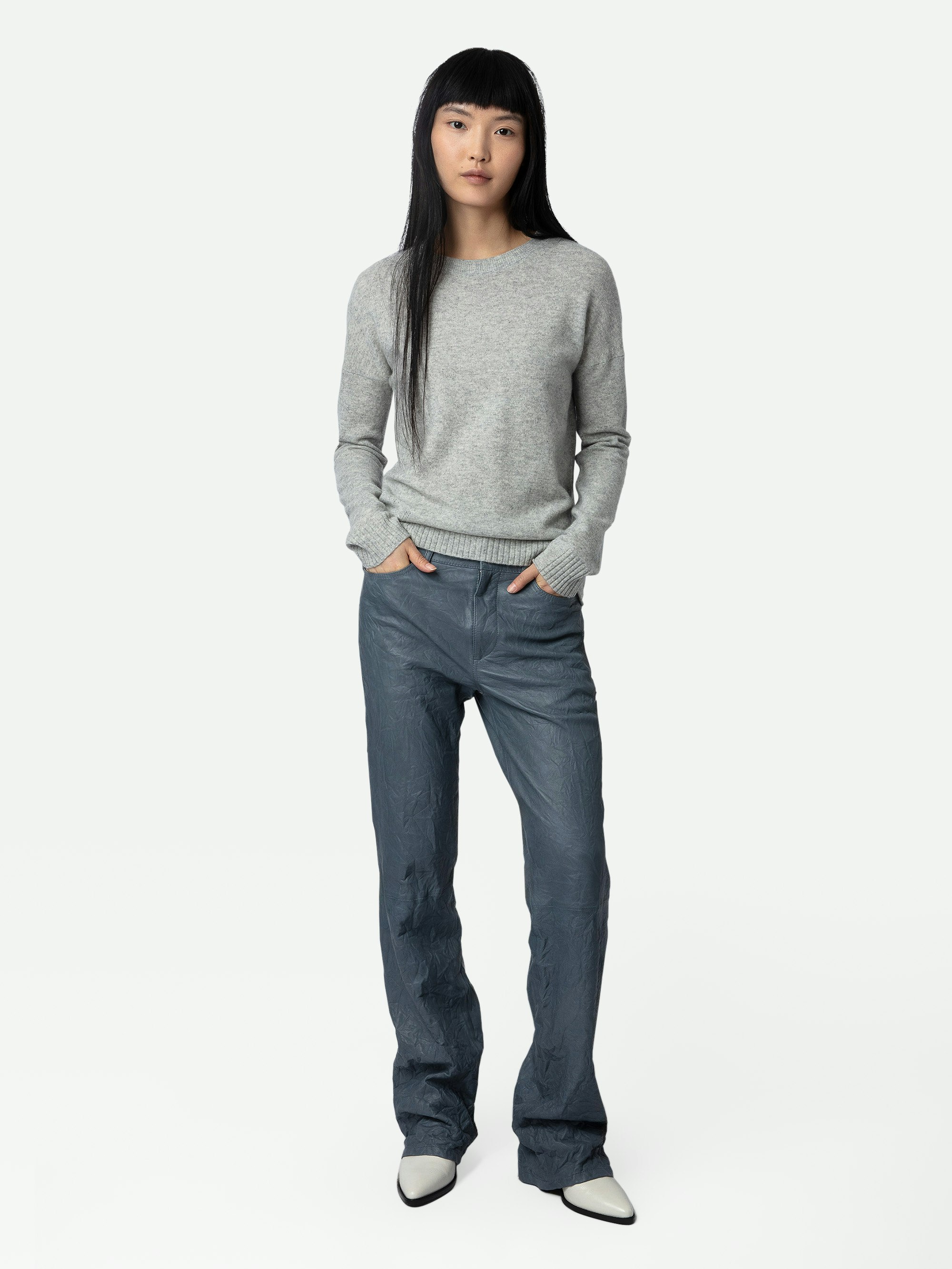 Cici Patch Cashmere Sweater - Women’s grey cashmere sweater with star patch embroidered on elbows.
