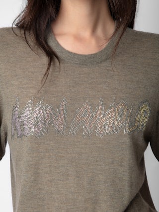 Pull Ida 100% Cachemire - Pull en 100% cachemire plume kaki clair à manches courtes et message "Mon Amour" à strass.