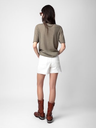 Pull Ida 100% Cachemire - Pull en 100% cachemire plume kaki clair à manches courtes et message "Mon Amour" à strass.