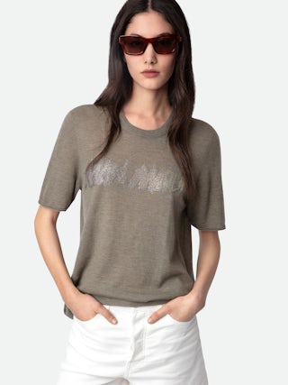 Pull Ida 100% Cachemire - Pull en 100% cachemire plume kaki clair à manches courtes et message "Mon Amour" à strass.