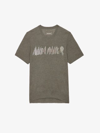 Pull Ida 100% Cachemire - Pull en 100% cachemire plume kaki clair à manches courtes et message "Mon Amour" à strass.