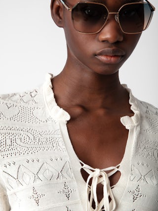 Pull Taho - Pull en coton de dentelle écrue à manches 3/4, motifs ajourés et liens.