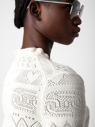 Pull Taho - Pull en coton de dentelle écrue à manches 3/4, motifs ajourés et liens.