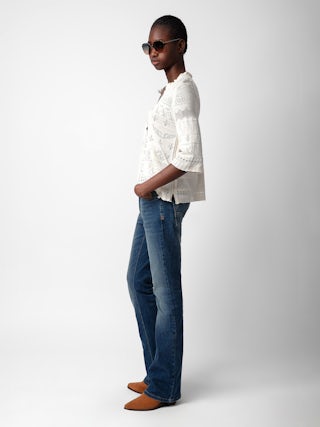 Pull Taho - Pull en coton de dentelle écrue à manches 3/4, motifs ajourés et liens.