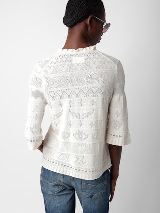 Pull Taho - Pull en coton de dentelle écrue à manches 3/4, motifs ajourés et liens.