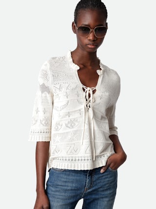 Pull Taho - Pull en coton de dentelle écrue à manches 3/4, motifs ajourés et liens.
