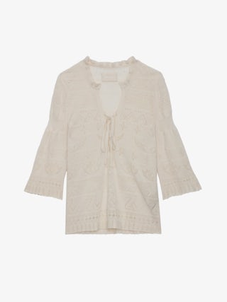 Pull Taho - Pull en coton de dentelle écrue à manches 3/4, motifs ajourés et liens.
