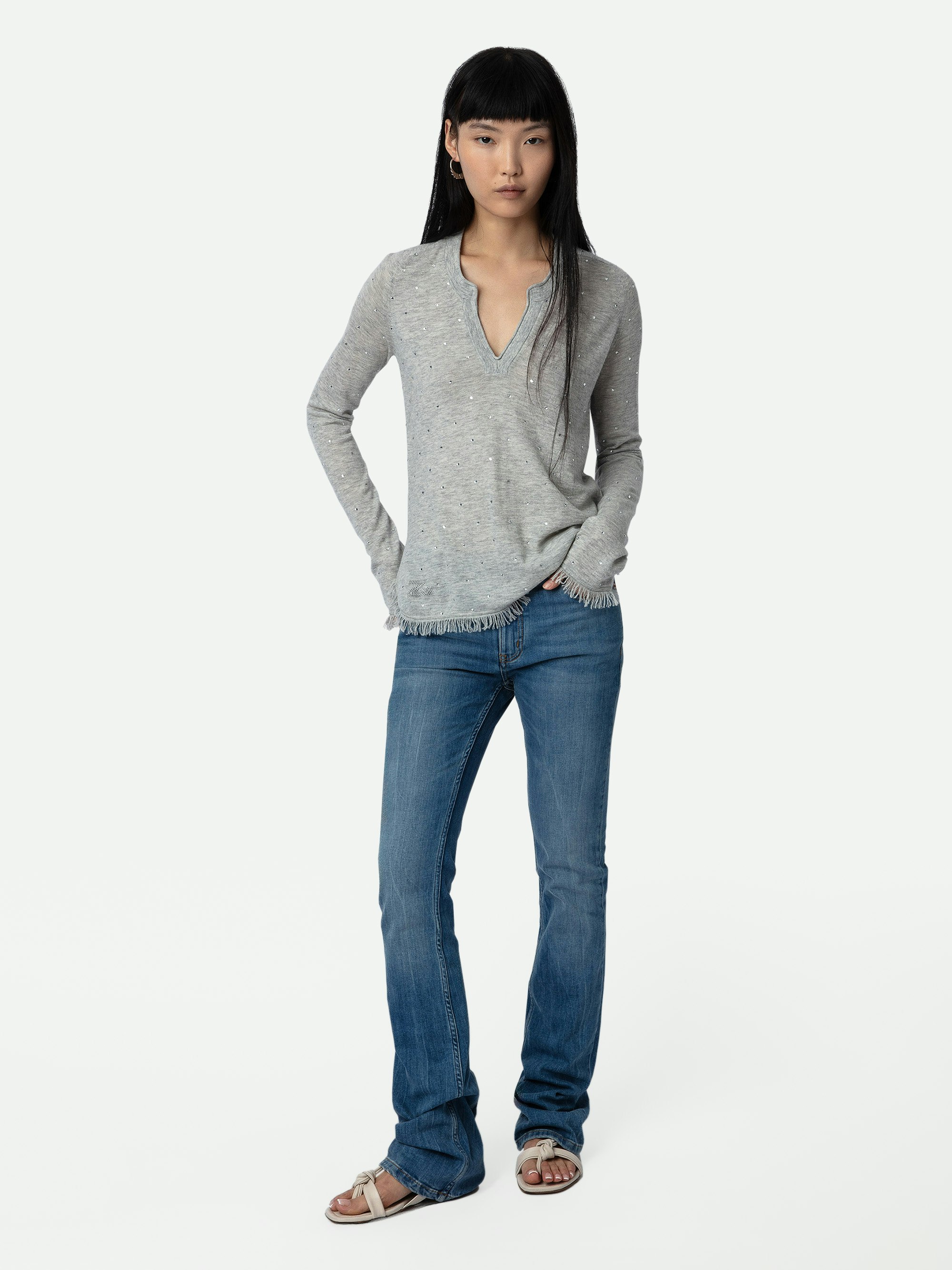 Riviera Cashmere Sweater - Women's grey cashmere sweater with diamanté.