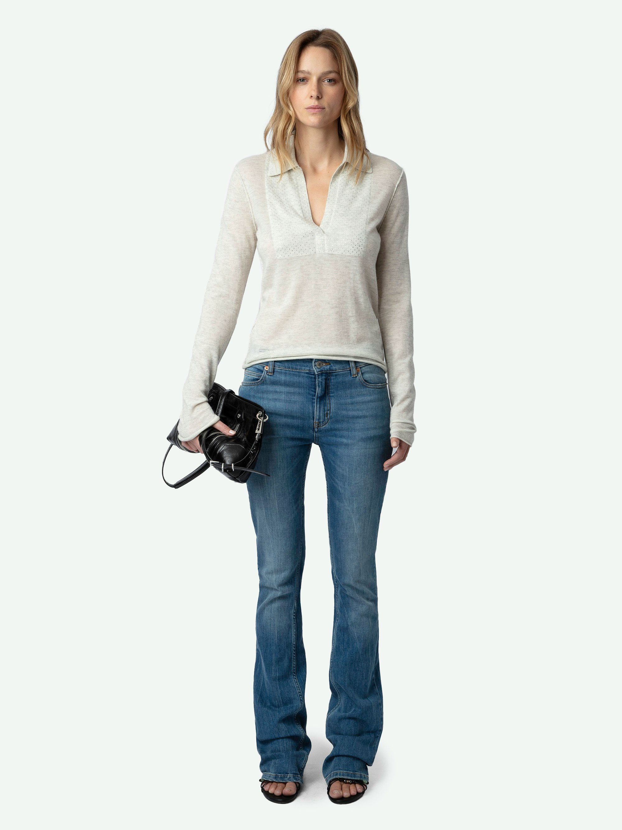Sally Diamante Cashmere Jumper - Long-sleeved feather cashmere jumper with polo V-neck and diamante-embellished front panel.