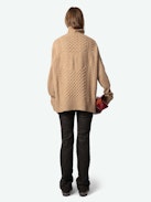 Alma Sweater - Long, loose-fitting sweater in brown knit with funnel neck, twists, embroidery on the sides and wing motifs on the back.