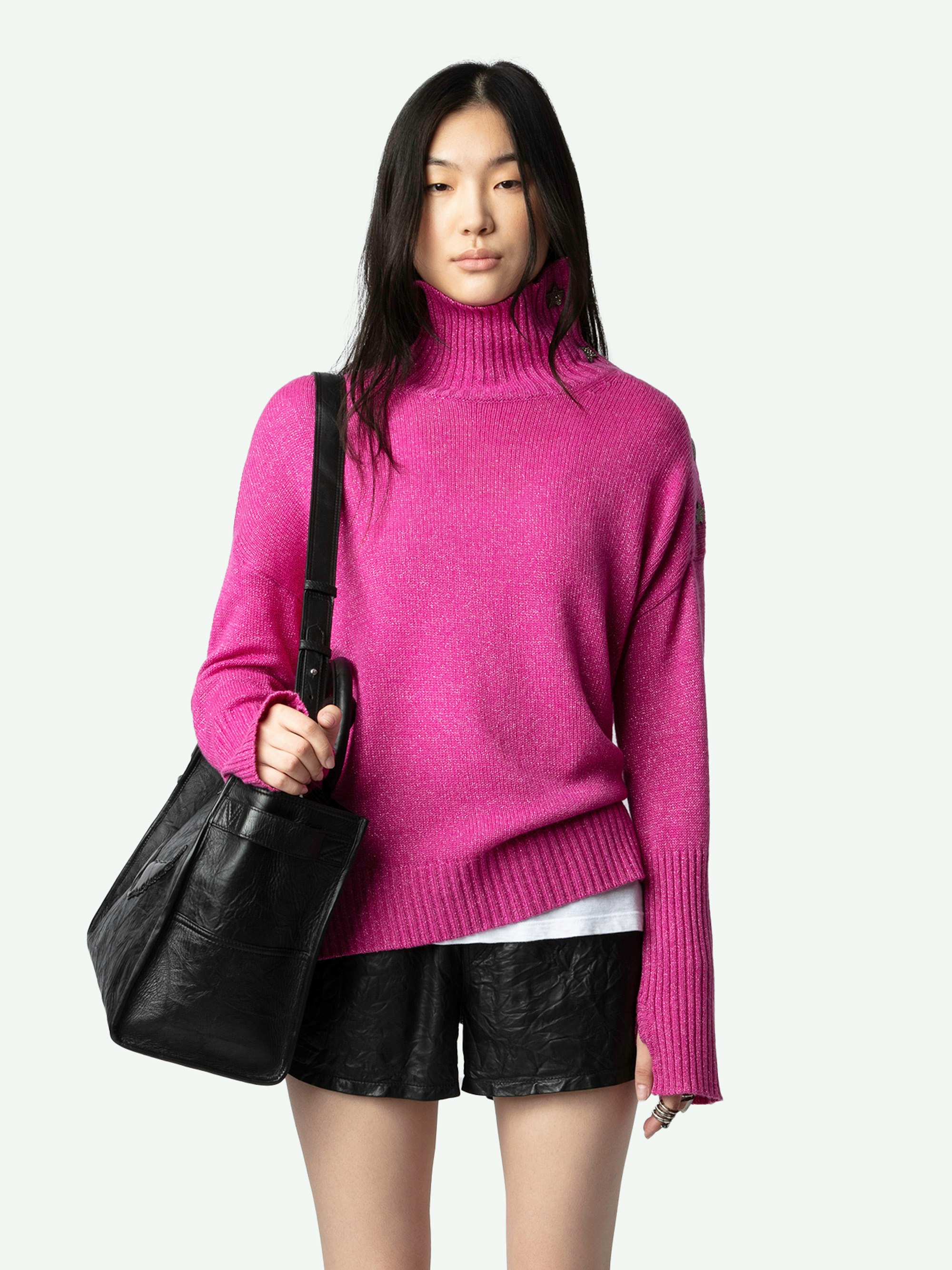 Alma Jewelled Cashmere Sweater - Fuchsia pink cashmere sweater with funnel neck and diamanté star buttons on the shoulder.