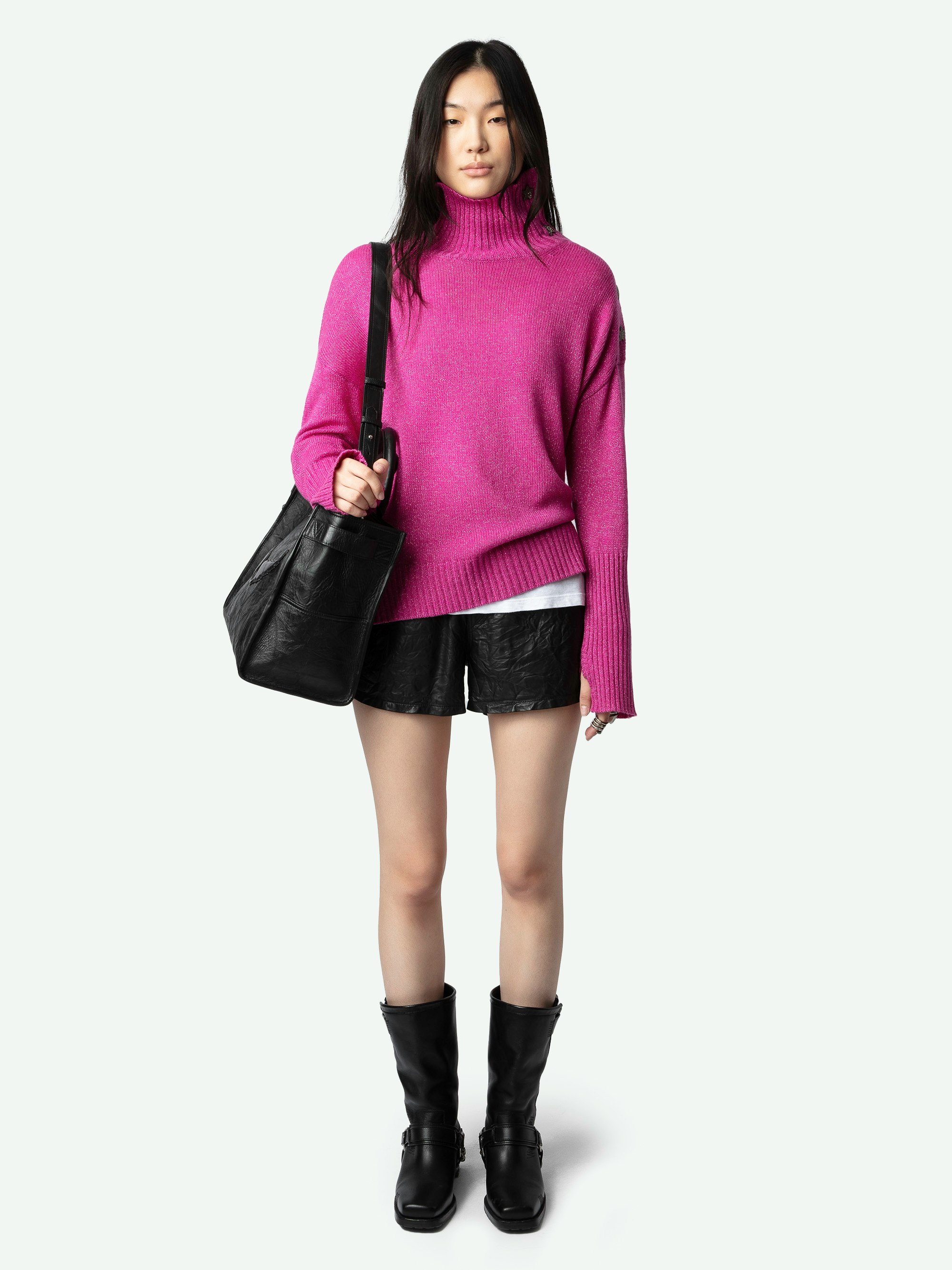 Alma Jewelled Jumper 100% Cashmere - Fuchsia pink 100% cashmere jumper with funnel neck and diamanté star buttons on the shoulder.