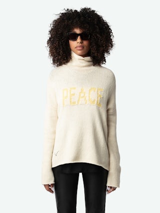 Almy Jumper 100% Merino Wool - Loose long jumper with high neck and "Peace" message in contrasting tweed.