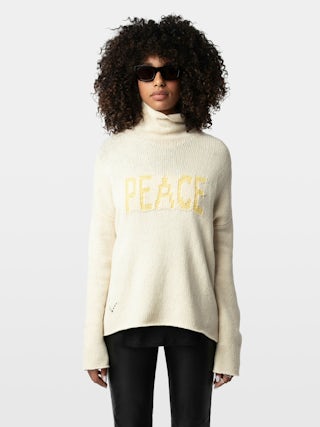 Jumper Almy 100% merino wool - Long oversized Jumper with high neck and contrast tweed "Peace" message.